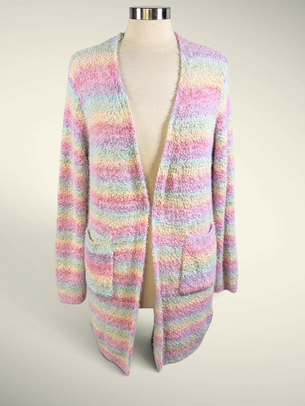 PINK LILY Boutique Pastel Rainbow Striped Open-Front Longline Sweater Cardigan